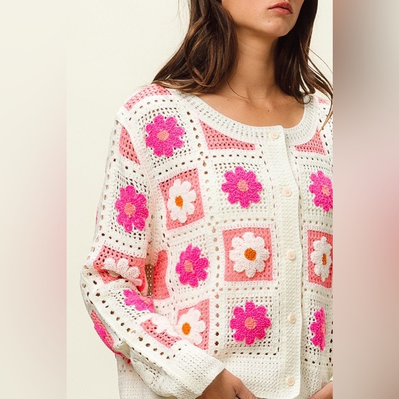 Pink fuchsia Crochet Knit lace button boho embroidered cardigan bohemian sweater - Picture 11 of 17